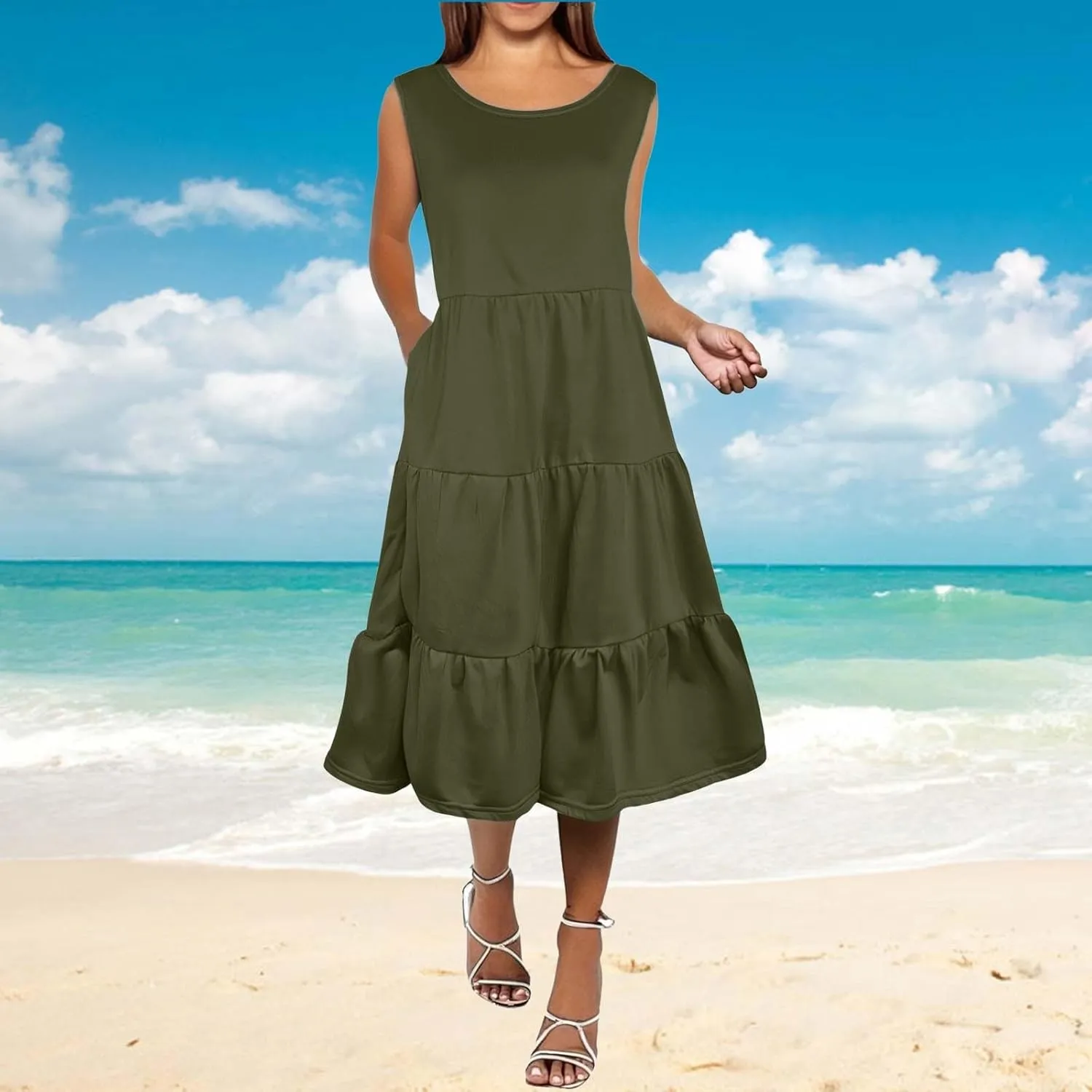 Women's Summer Casual Sleeveless Swing Sundress Boho Flowy Ruffle Tiered Maxi Dress with Pockets