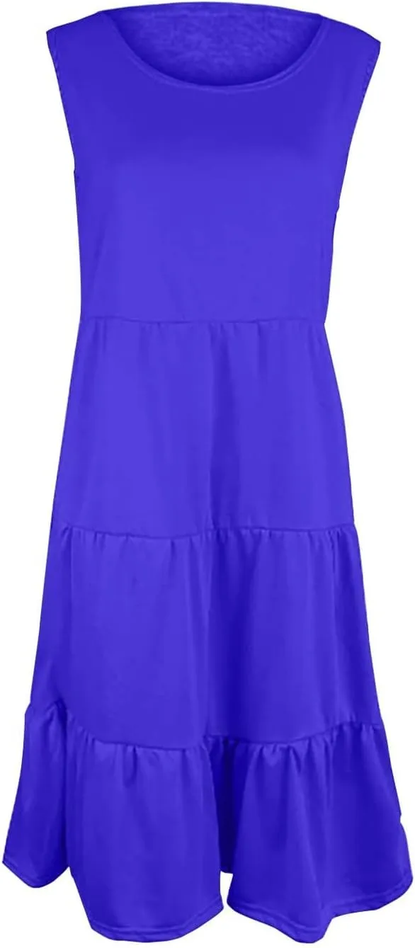 Women's Summer Casual Sleeveless Swing Sundress Boho Flowy Ruffle Tiered Maxi Dress with Pockets