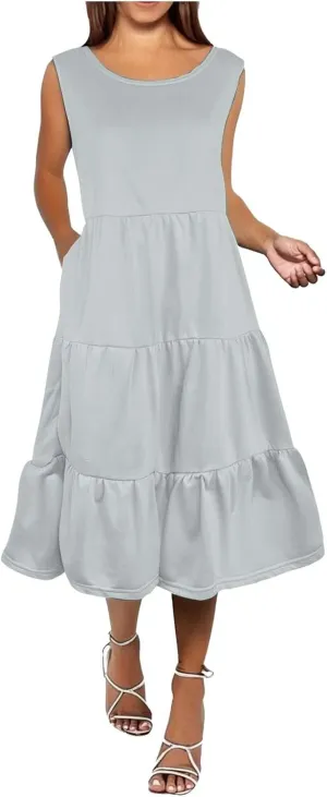Women's Summer Casual Sleeveless Swing Sundress Boho Flowy Ruffle Tiered Maxi Dress with Pockets