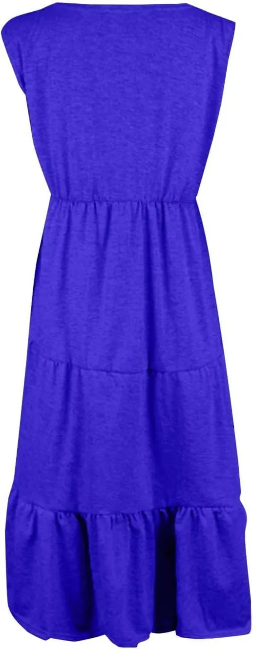Women's Summer Casual Sleeveless Swing Sundress Boho Flowy Ruffle Tiered Maxi Dress with Pockets