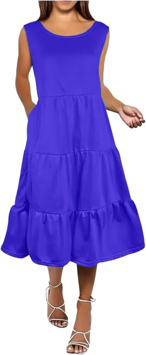 Women's Summer Casual Sleeveless Swing Sundress Boho Flowy Ruffle Tiered Maxi Dress with Pockets