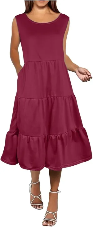 Women's Summer Casual Sleeveless Swing Sundress Boho Flowy Ruffle Tiered Maxi Dress with Pockets