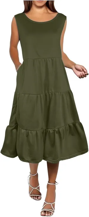Women's Summer Casual Sleeveless Swing Sundress Boho Flowy Ruffle Tiered Maxi Dress with Pockets