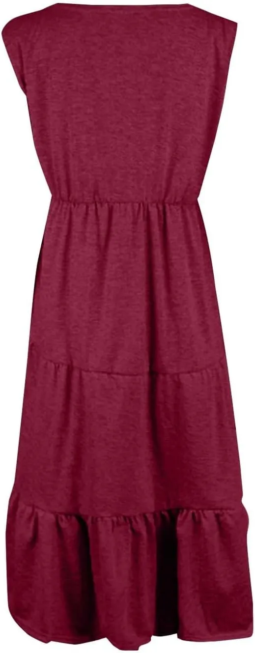 Women's Summer Casual Sleeveless Swing Sundress Boho Flowy Ruffle Tiered Maxi Dress with Pockets