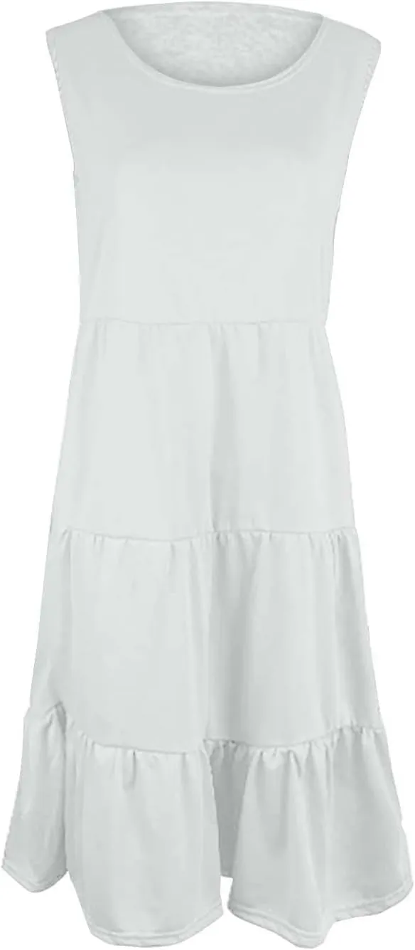 Women's Summer Casual Sleeveless Swing Sundress Boho Flowy Ruffle Tiered Maxi Dress with Pockets