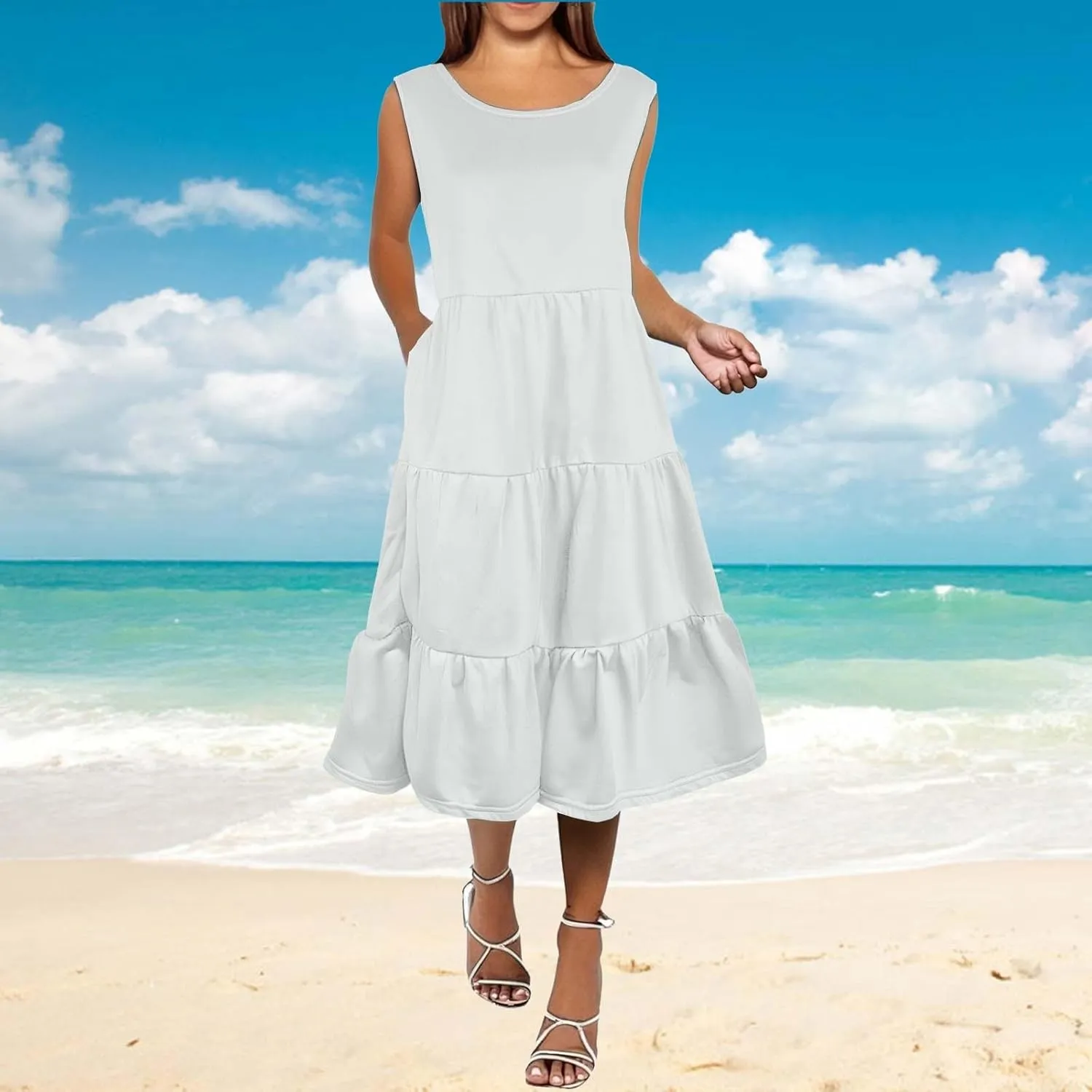 Women's Summer Casual Sleeveless Swing Sundress Boho Flowy Ruffle Tiered Maxi Dress with Pockets