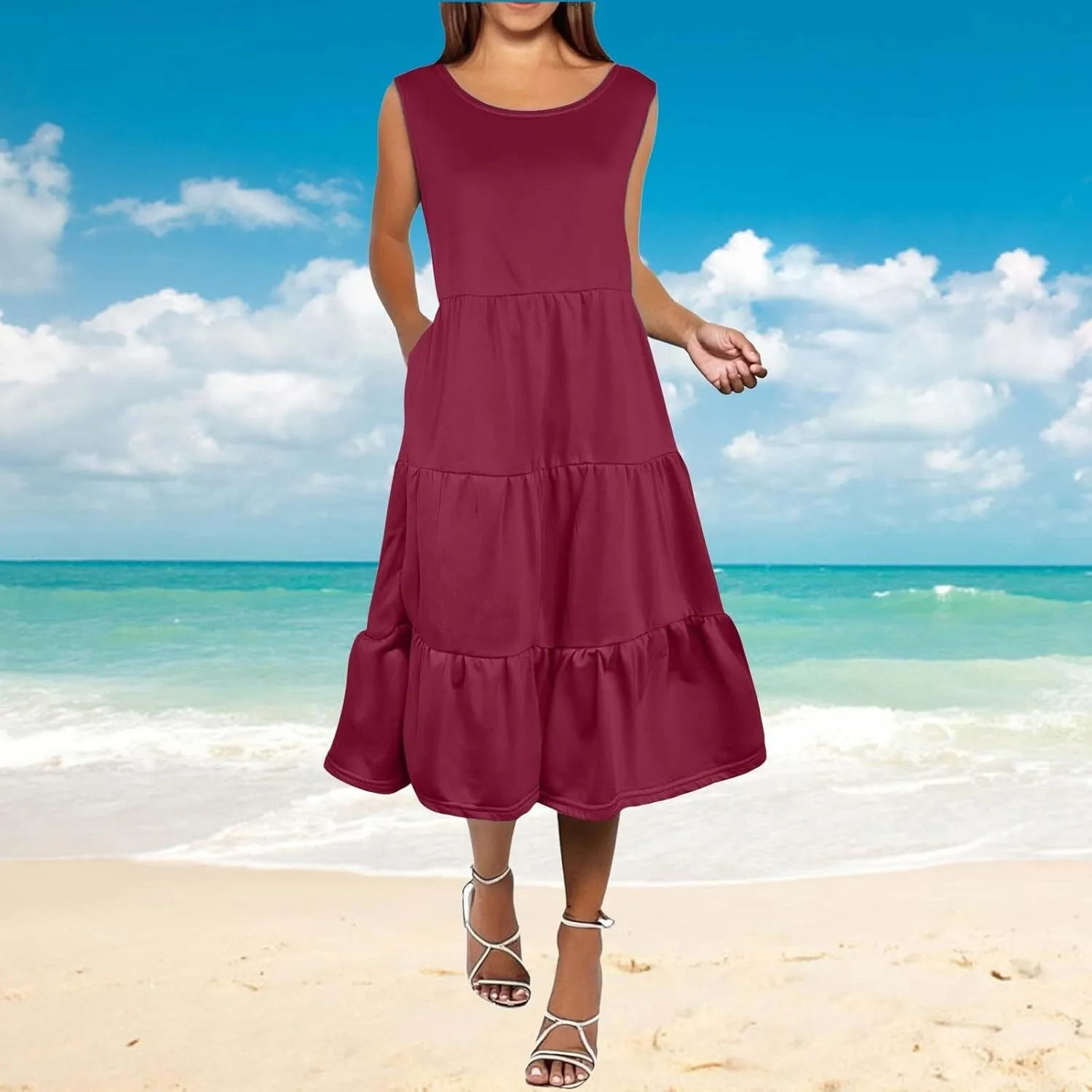 Women's Summer Casual Sleeveless Swing Sundress Boho Flowy Ruffle Tiered Maxi Dress with Pockets