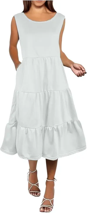 Women's Summer Casual Sleeveless Swing Sundress Boho Flowy Ruffle Tiered Maxi Dress with Pockets
