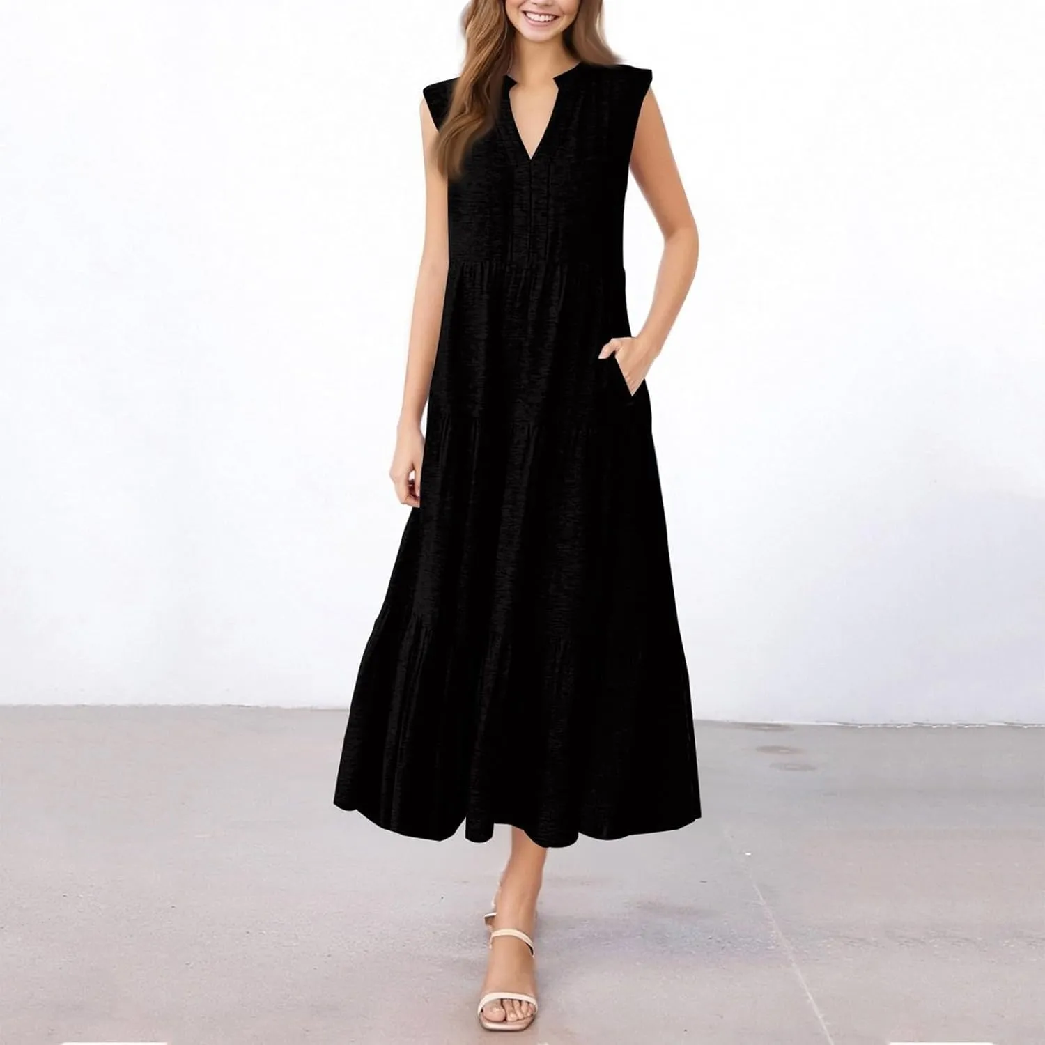 Womens Summer Casual Sleeveless V Neck Maxi Dress 2025 Spring Tie Waist A-Line Flowy Tiered Boho Long Beach Sundress