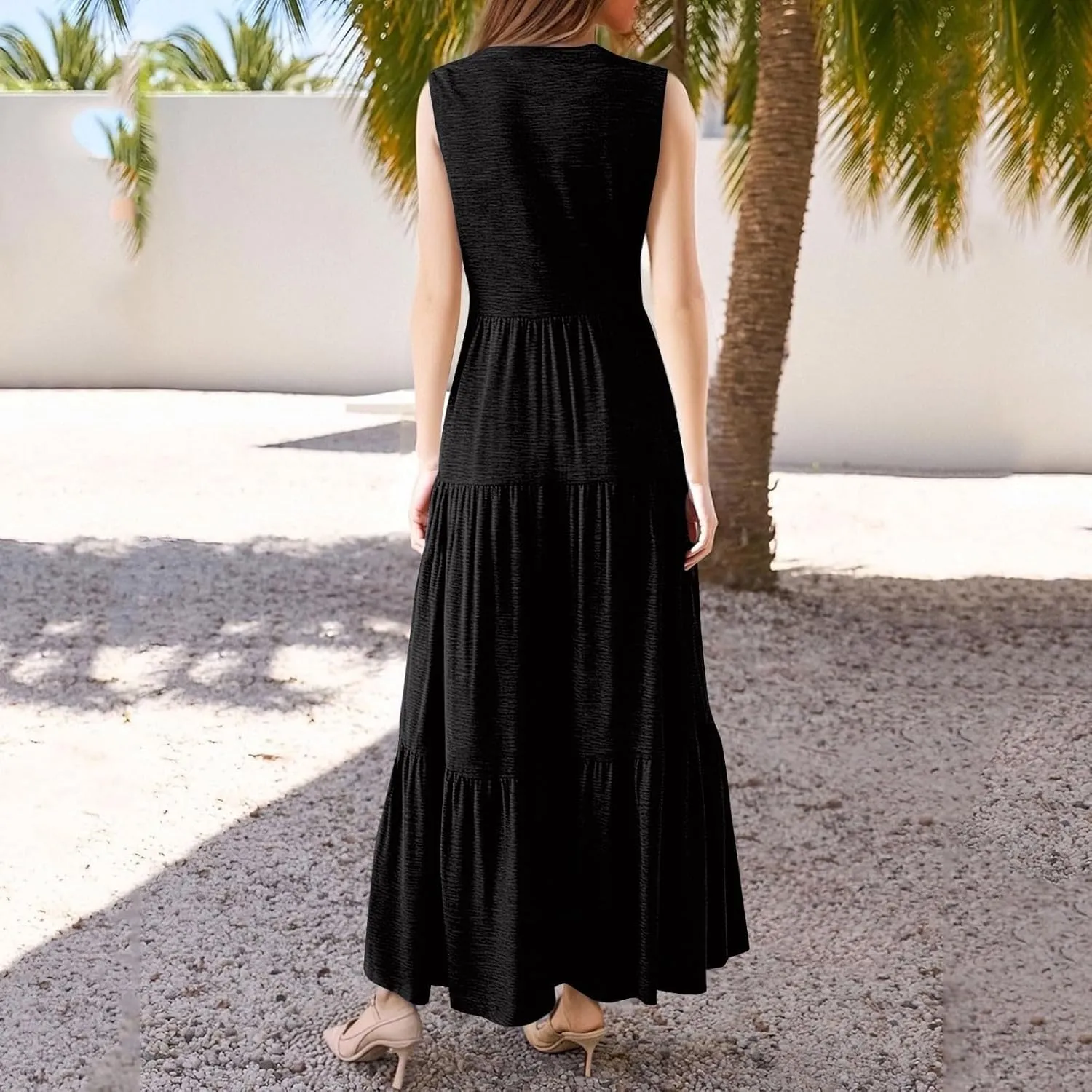 Womens Summer Casual Sleeveless V Neck Maxi Dress 2025 Spring Tie Waist A-Line Flowy Tiered Boho Long Beach Sundress