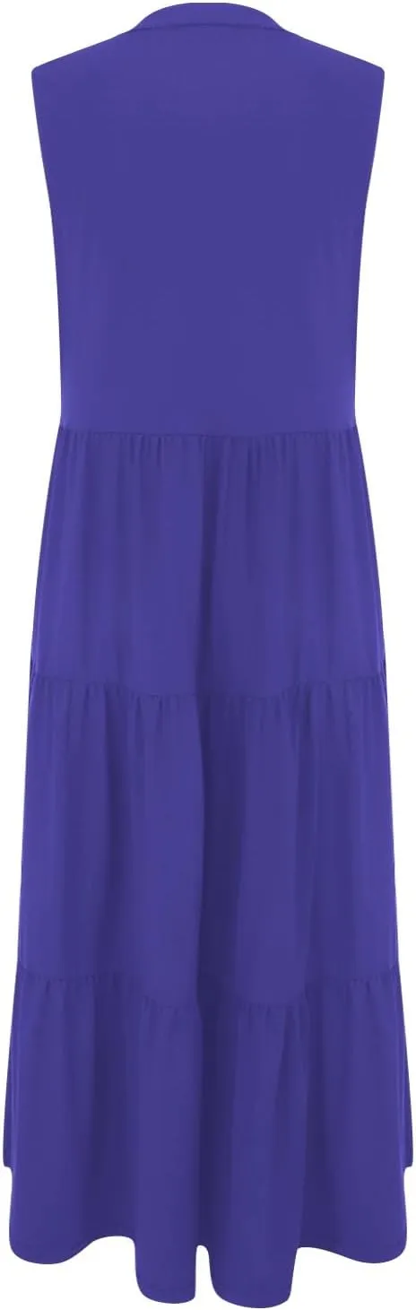 Womens Summer Casual Sleeveless V Neck Maxi Dress 2025 Spring Tie Waist A-Line Flowy Tiered Boho Long Beach Sundress