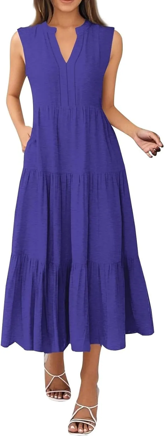 Womens Summer Casual Sleeveless V Neck Maxi Dress 2025 Spring Tie Waist A-Line Flowy Tiered Boho Long Beach Sundress