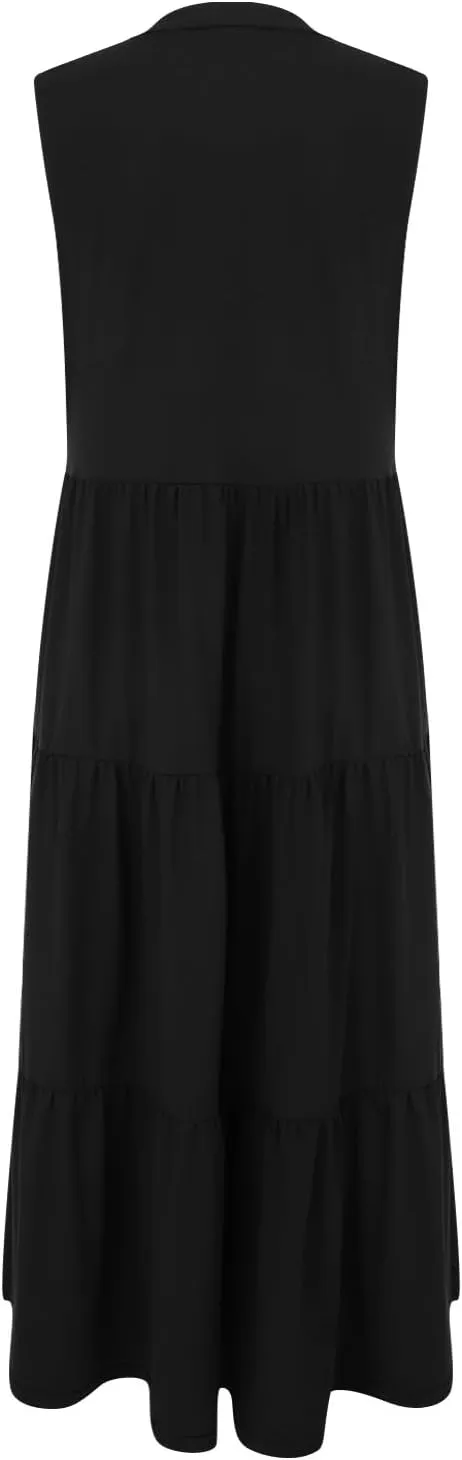 Womens Summer Casual Sleeveless V Neck Maxi Dress 2025 Spring Tie Waist A-Line Flowy Tiered Boho Long Beach Sundress