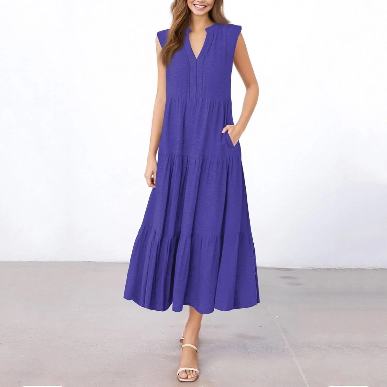 Womens Summer Casual Sleeveless V Neck Maxi Dress 2025 Spring Tie Waist A-Line Flowy Tiered Boho Long Beach Sundress