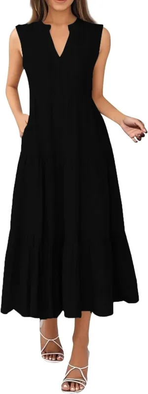 Womens Summer Casual Sleeveless V Neck Maxi Dress 2025 Spring Tie Waist A-Line Flowy Tiered Boho Long Beach Sundress