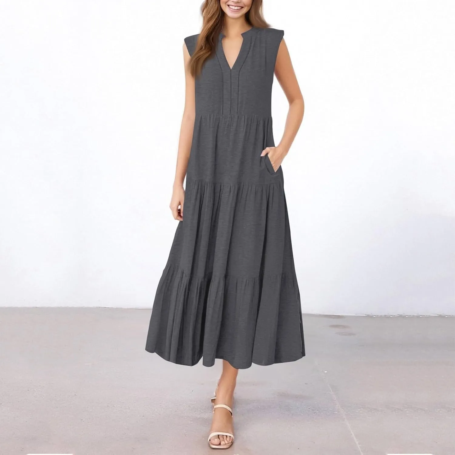Womens Summer Casual Sleeveless V Neck Maxi Dress 2025 Spring Tie Waist A-Line Flowy Tiered Boho Long Beach Sundress