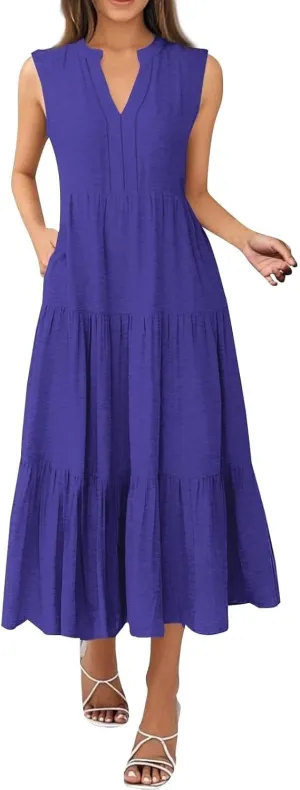 Womens Summer Casual Sleeveless V Neck Maxi Dress 2025 Spring Tie Waist A-Line Flowy Tiered Boho Long Beach Sundress