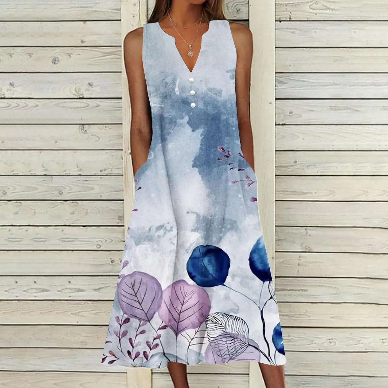 Women's Summer Design Casual Dress Sleeveless V-Neck Dress with Pockets Loose Flowy Swing Pleated Long Beach Dress