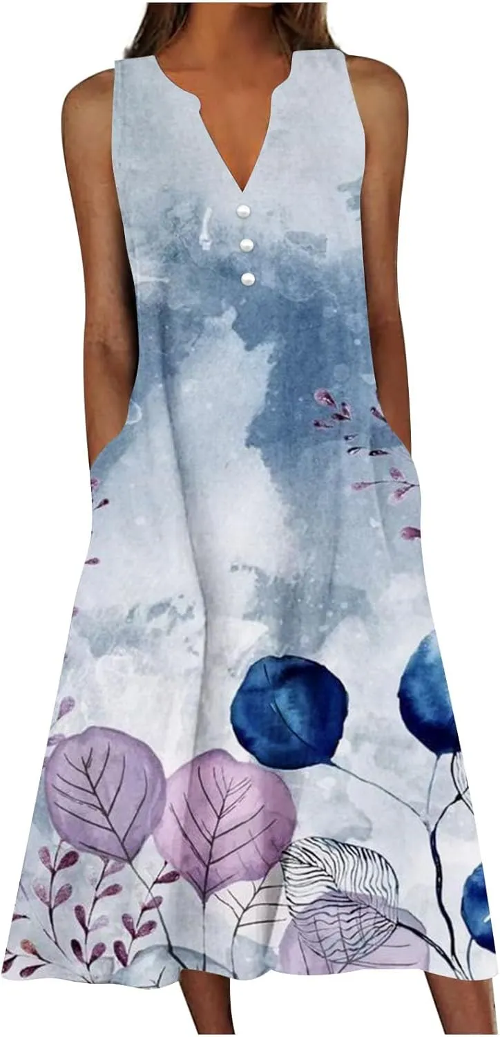 Women's Summer Design Casual Dress Sleeveless V-Neck Dress with Pockets Loose Flowy Swing Pleated Long Beach Dress