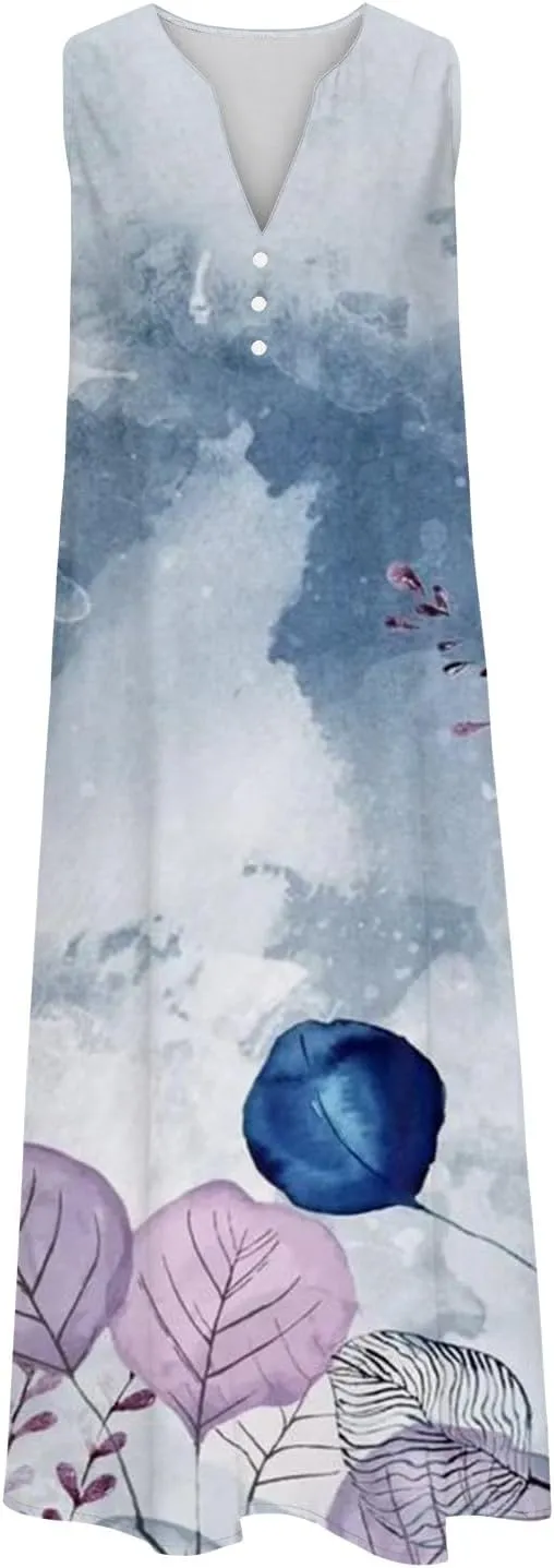 Women's Summer Design Casual Dress Sleeveless V-Neck Dress with Pockets Loose Flowy Swing Pleated Long Beach Dress