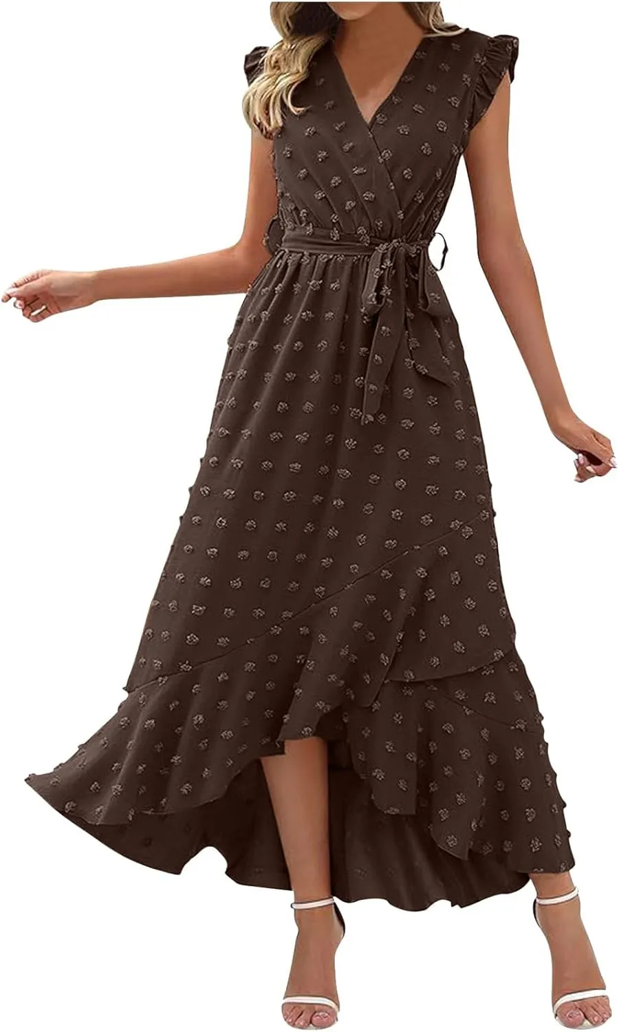 Womens Summer Dress 2025 V Neck Cap Sleeve Swiss Dots Boho Flowy Ruffle Slit Beach Long Maxi Cocktail Party Dresses