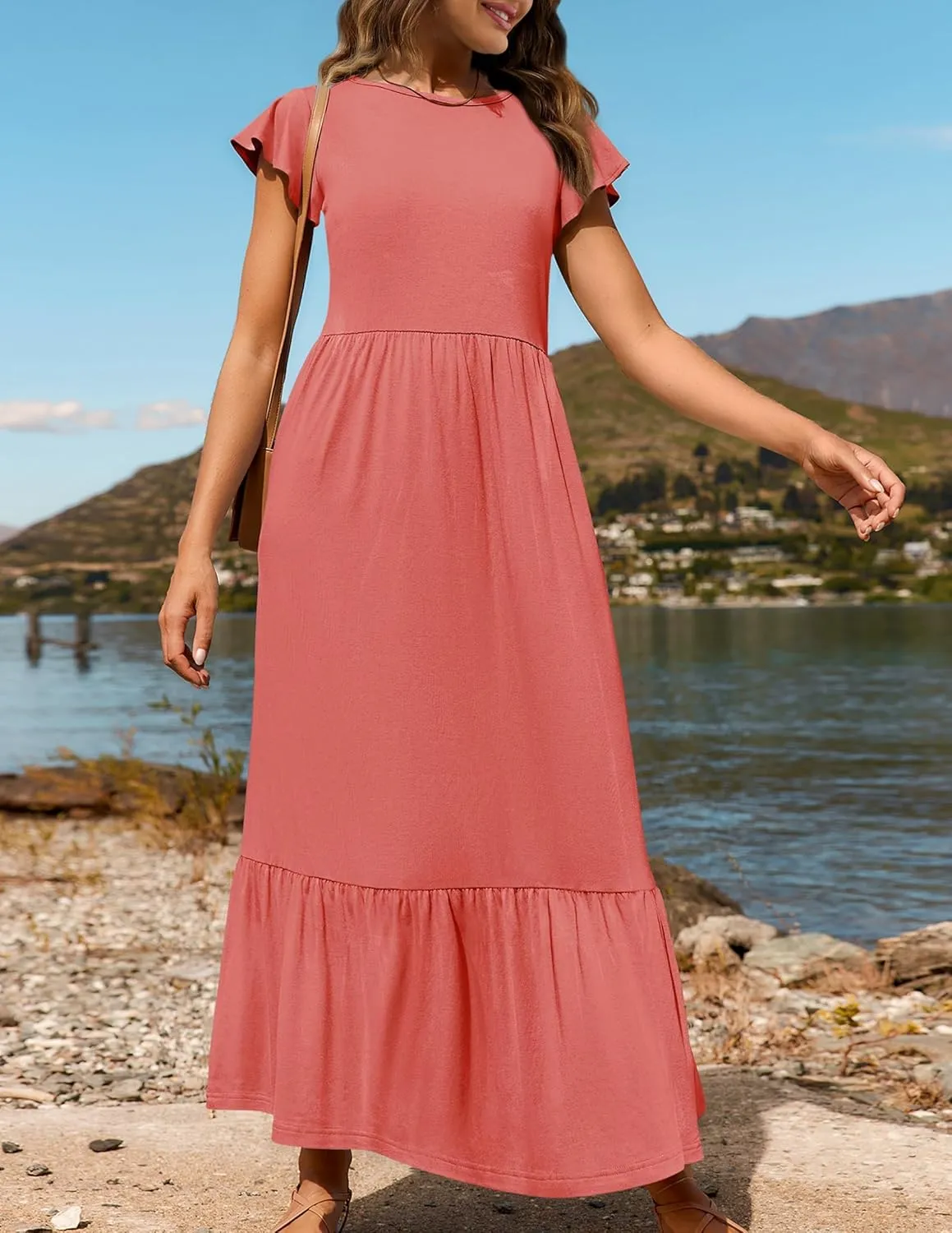 Women's Summer Dress Aline Flowy Tiered Maxi Long Beach Dress Elegant Ruffle Sleeve Crewneck Sundress Tunic Dresses