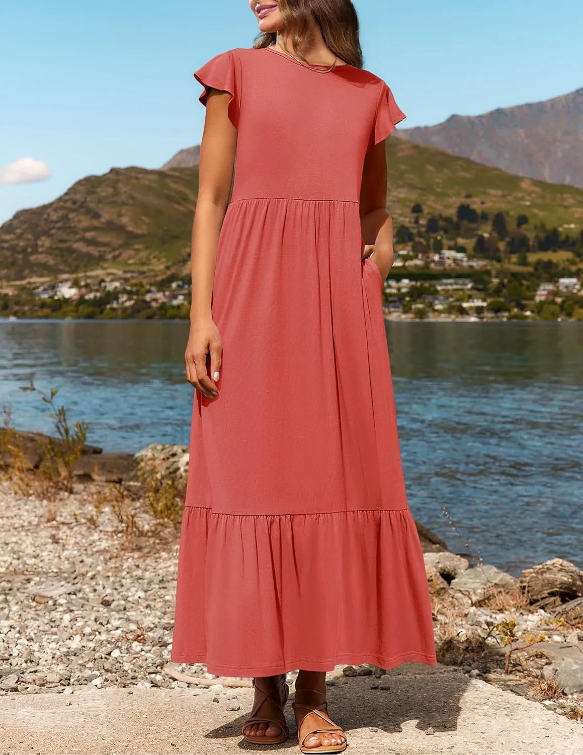 Women's Summer Dress Aline Flowy Tiered Maxi Long Beach Dress Elegant Ruffle Sleeve Crewneck Sundress Tunic Dresses