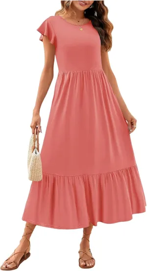 Women's Summer Dress Aline Flowy Tiered Maxi Long Beach Dress Elegant Ruffle Sleeve Crewneck Sundress Tunic Dresses