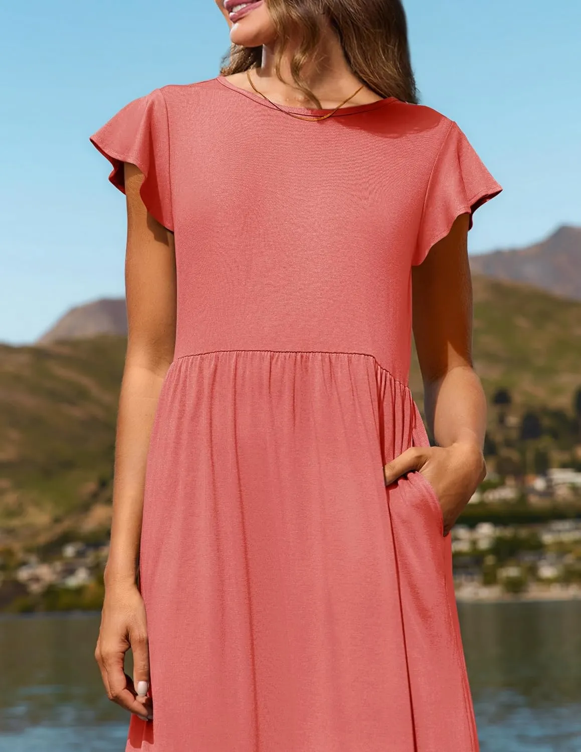 Women's Summer Dress Aline Flowy Tiered Maxi Long Beach Dress Elegant Ruffle Sleeve Crewneck Sundress Tunic Dresses