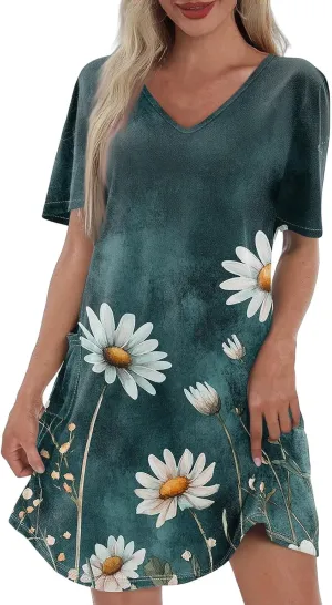 Womens Summer Dresses Short Sleeve V Neck Trendy Casual Floral T Shirt Dress for Women with Pockets