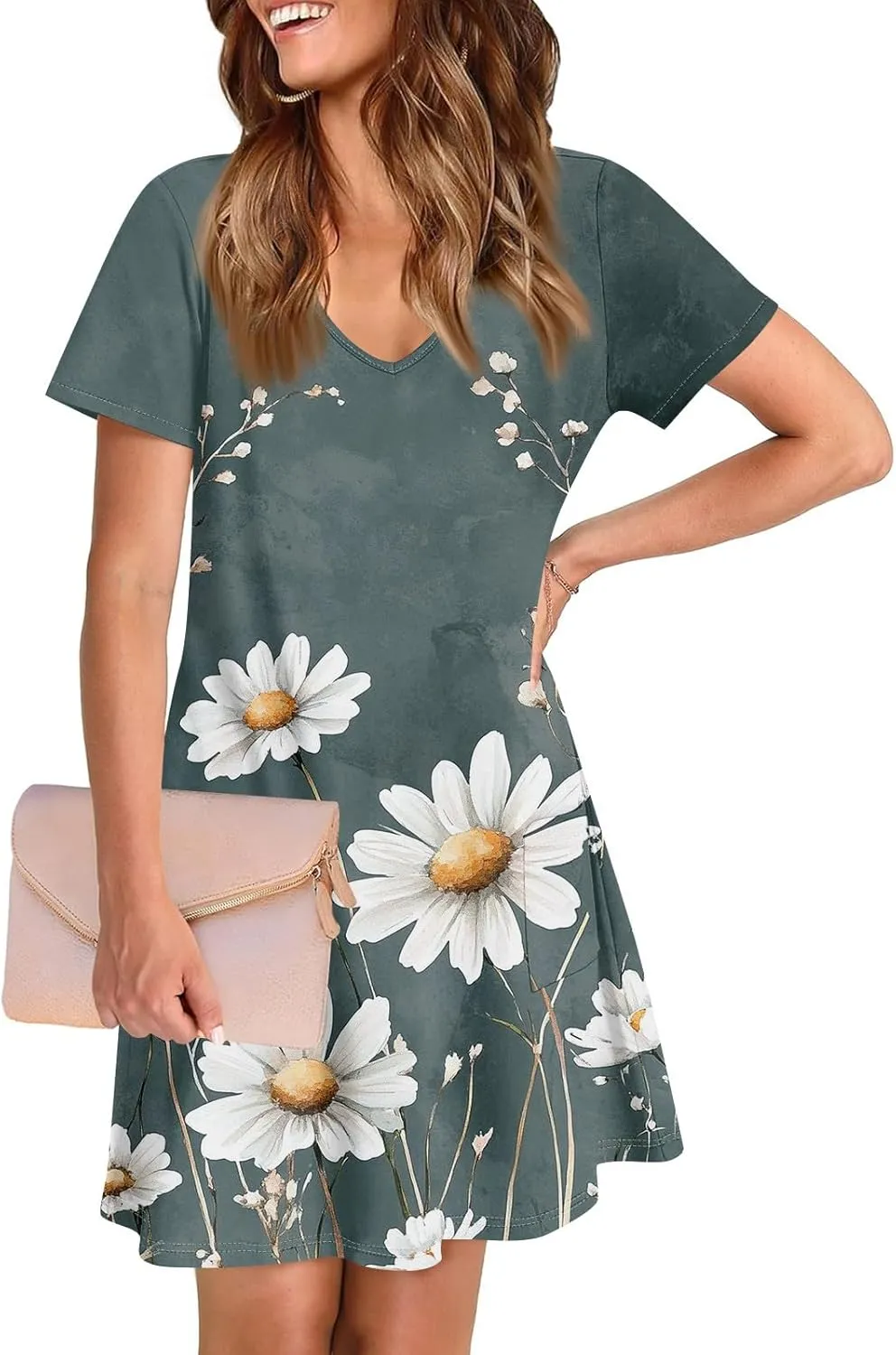 Womens Summer Dresses Short Sleeve V Neck Trendy Casual Floral T Shirt Dress for Women with Pockets