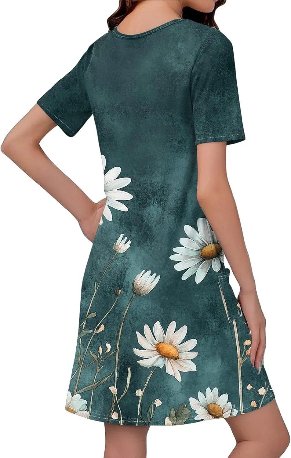 Womens Summer Dresses Short Sleeve V Neck Trendy Casual Floral T Shirt Dress for Women with Pockets
