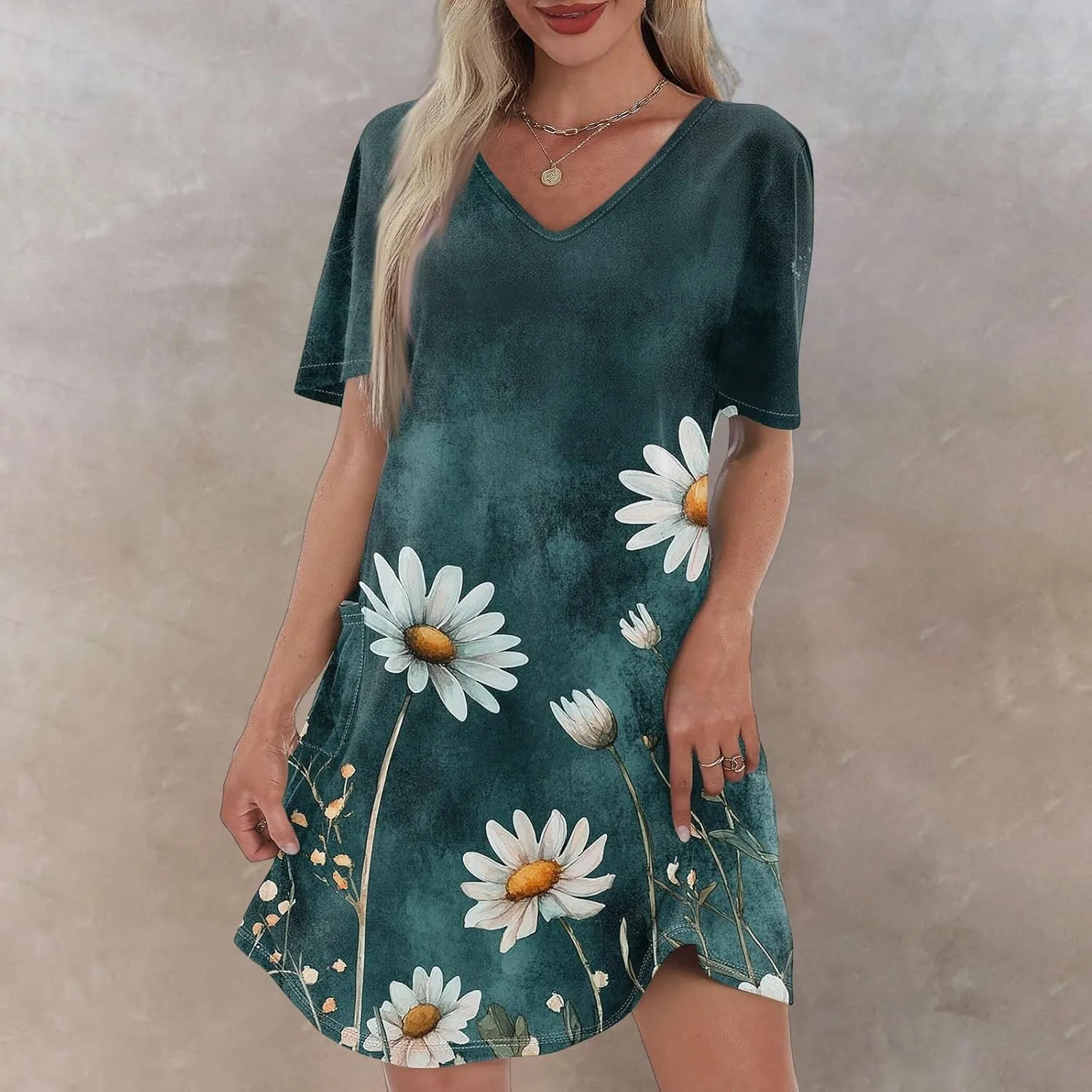 Womens Summer Dresses Short Sleeve V Neck Trendy Casual Floral T Shirt Dress for Women with Pockets