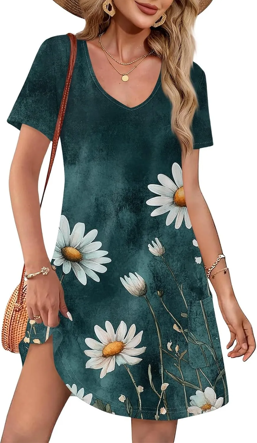 Womens Summer Dresses Short Sleeve V Neck Trendy Casual Floral T Shirt Dress for Women with Pockets