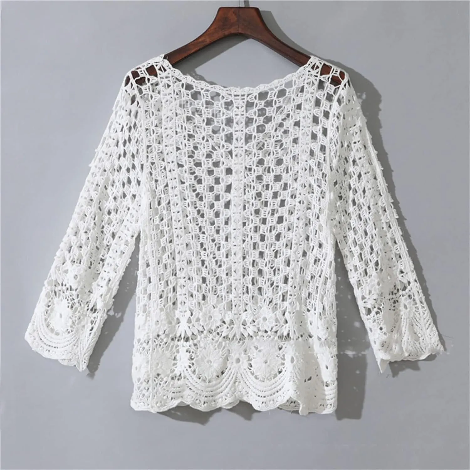 Women's Summer Long Sleeve Cardigan Hollow Out Crochet Knit Floral Cover Up Open Front Scalloped Mesh Beach Shrug Coat Beige