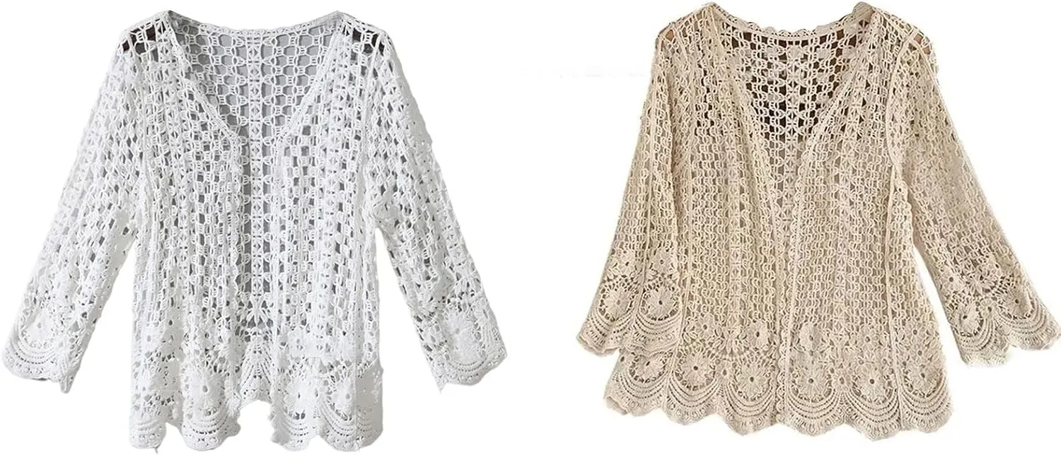 Women's Summer Long Sleeve Cardigan Hollow Out Crochet Knit Floral Cover Up Open Front Scalloped Mesh Beach Shrug Coat Beige