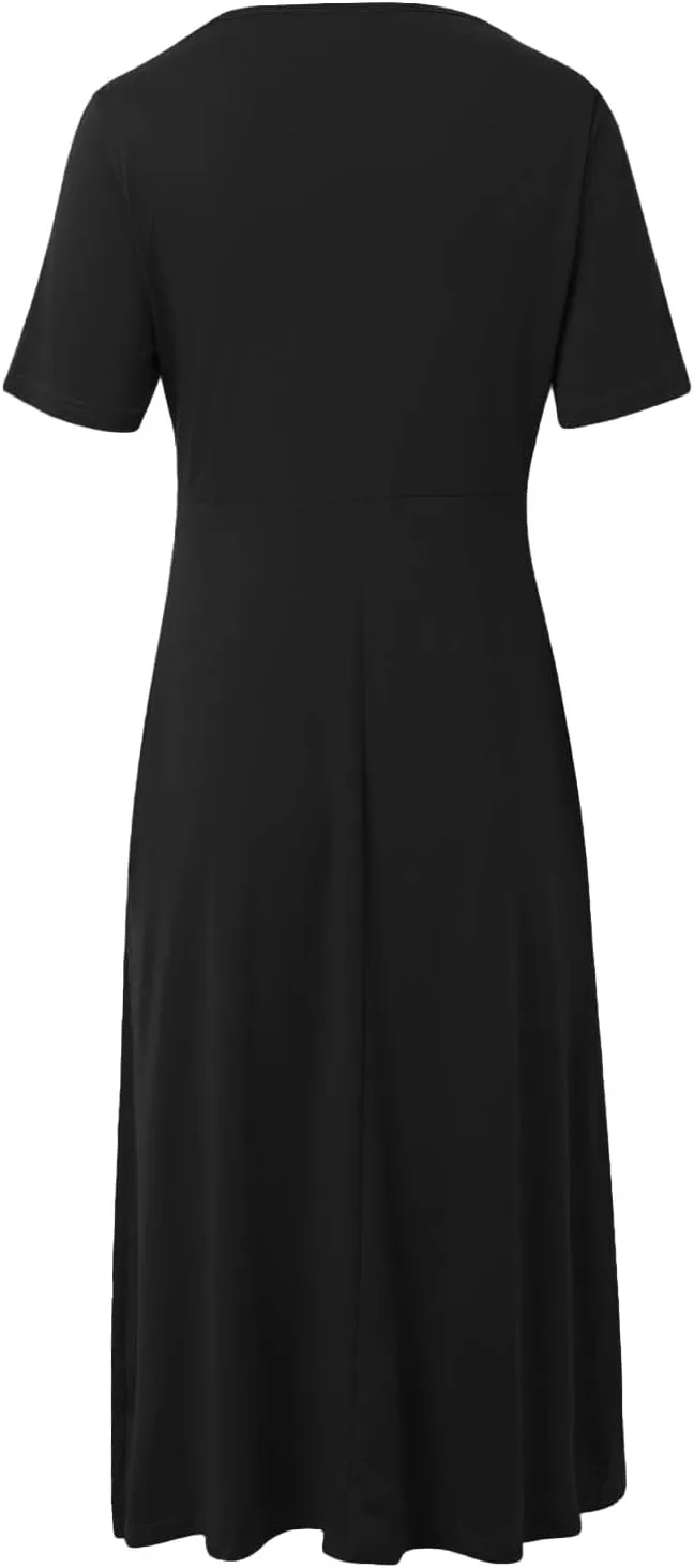Womens Summer Maxi Dress Short Sleeve V Neck Criss Cross Wrap A-Line Dress Solid Color Casual Sundress with Pockets