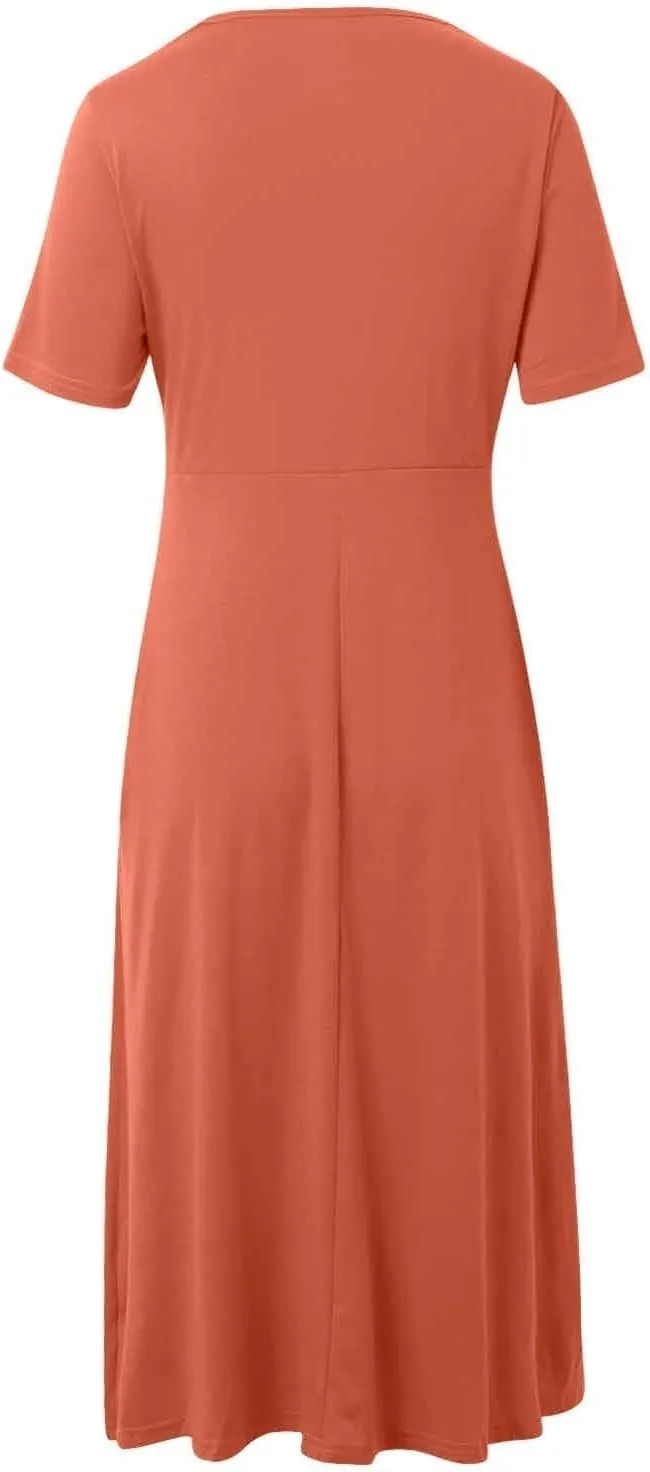 Womens Summer Maxi Dress Short Sleeve V Neck Criss Cross Wrap A-Line Dress Solid Color Casual Sundress with Pockets