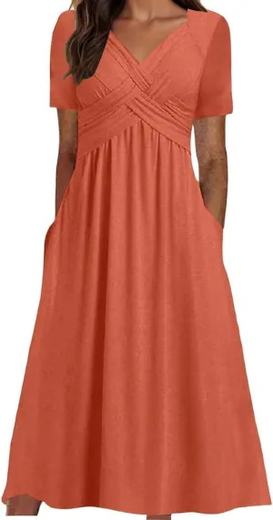 Womens Summer Maxi Dress Short Sleeve V Neck Criss Cross Wrap A-Line Dress Solid Color Casual Sundress with Pockets
