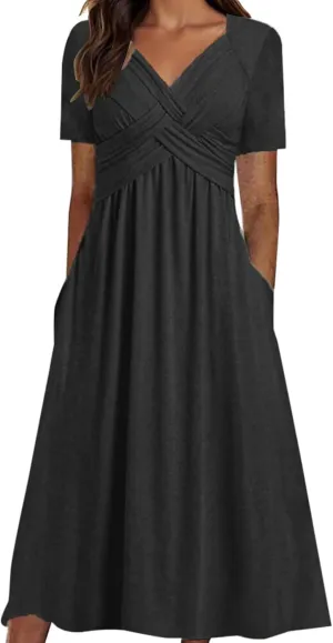 Womens Summer Maxi Dress Short Sleeve V Neck Criss Cross Wrap A-Line Dress Solid Color Casual Sundress with Pockets