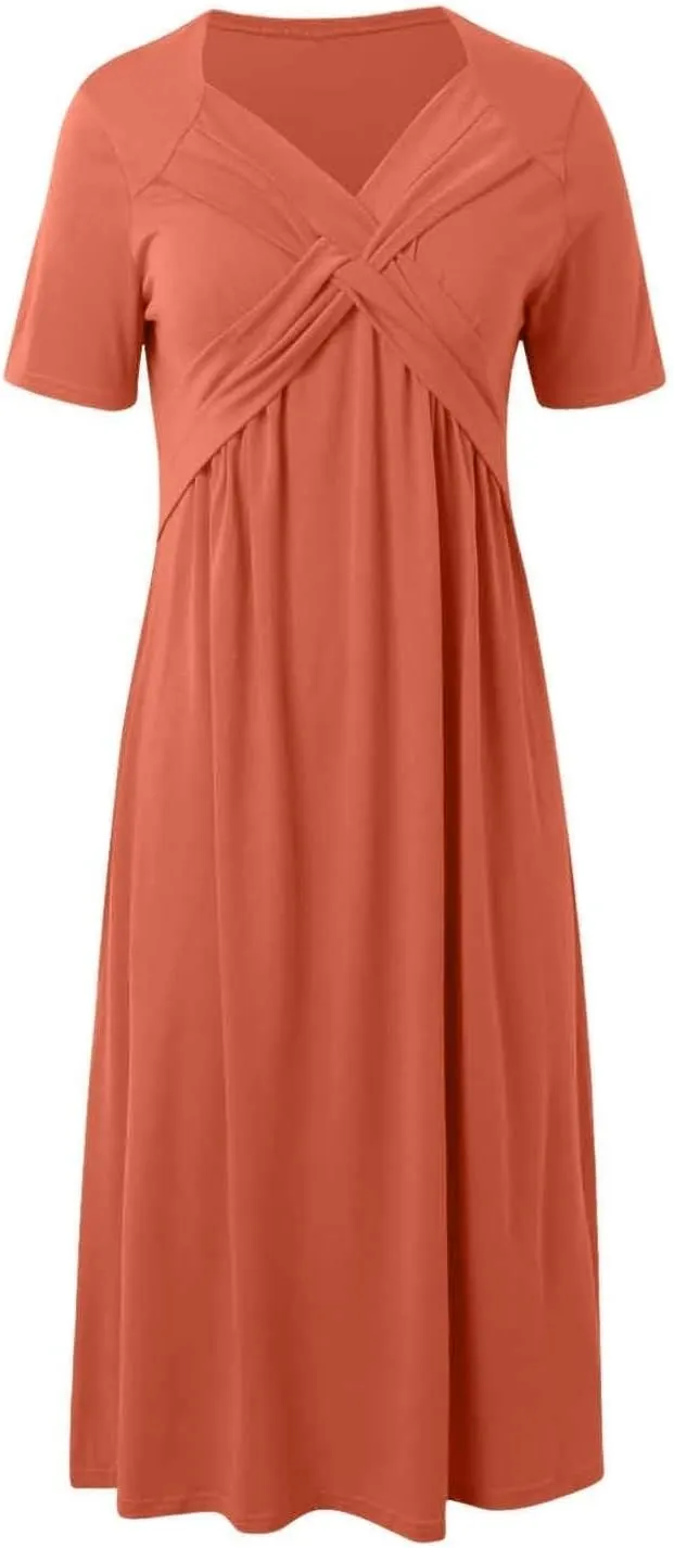 Womens Summer Maxi Dress Short Sleeve V Neck Criss Cross Wrap A-Line Dress Solid Color Casual Sundress with Pockets