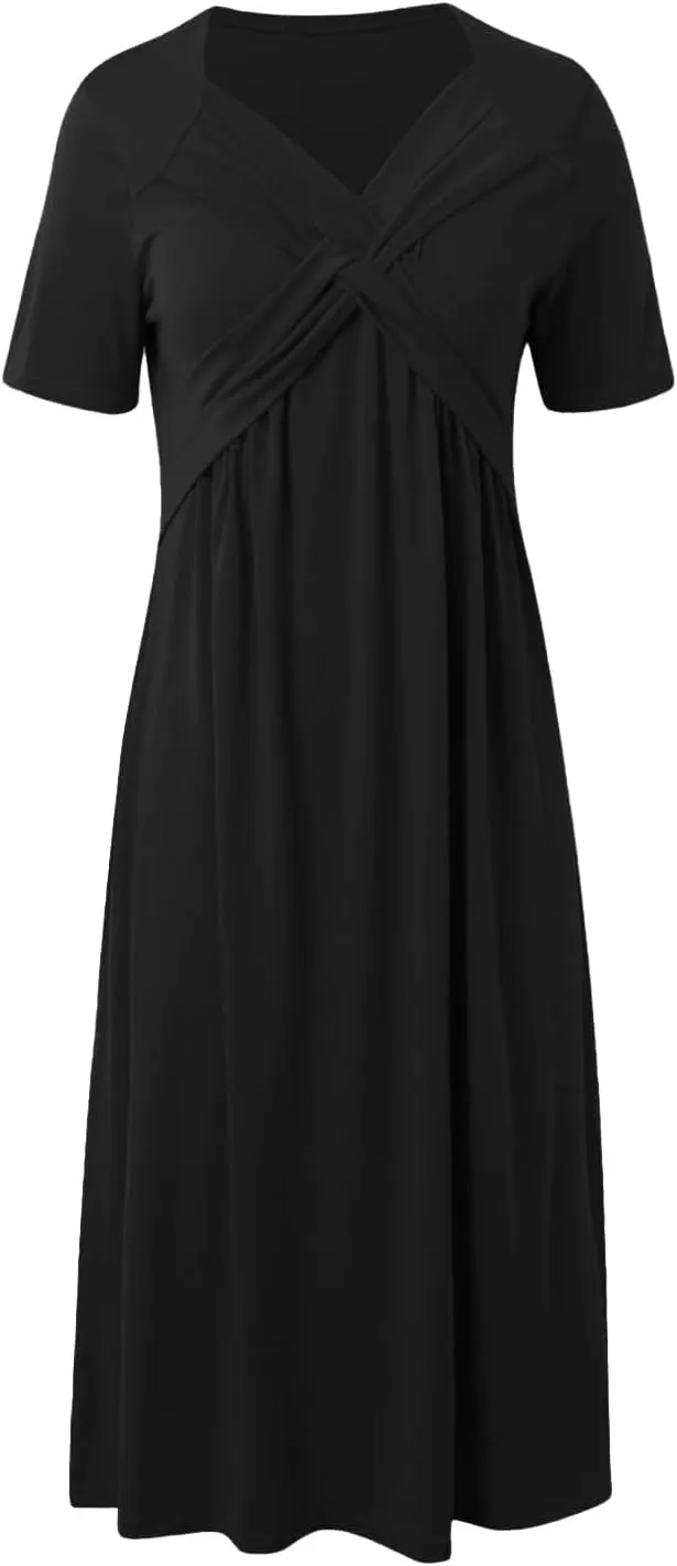 Womens Summer Maxi Dress Short Sleeve V Neck Criss Cross Wrap A-Line Dress Solid Color Casual Sundress with Pockets