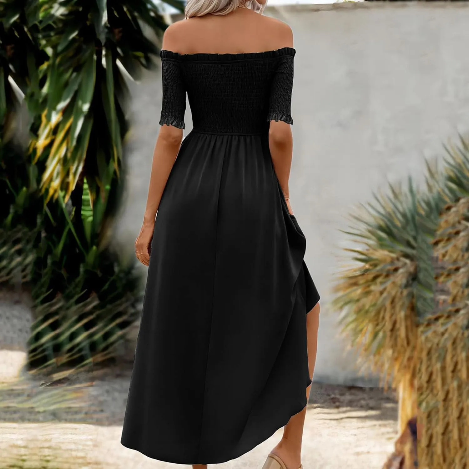 Womens Summer Midi Dresses Short Sleeve Off The Shoulder Flowy Long Dress Casual Loose Flowy Beach Dress