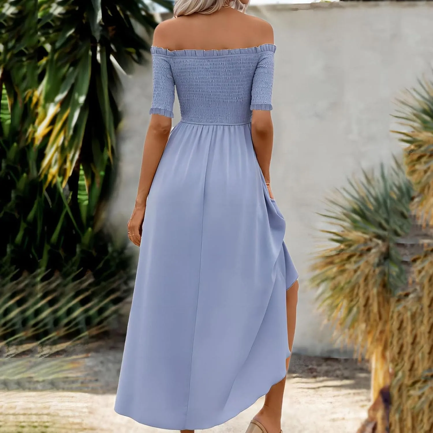Womens Summer Midi Dresses Short Sleeve Off The Shoulder Flowy Long Dress Casual Loose Flowy Beach Dress