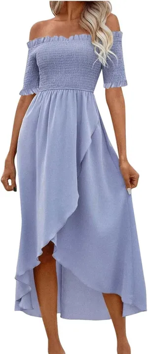 Womens Summer Midi Dresses Short Sleeve Off The Shoulder Flowy Long Dress Casual Loose Flowy Beach Dress