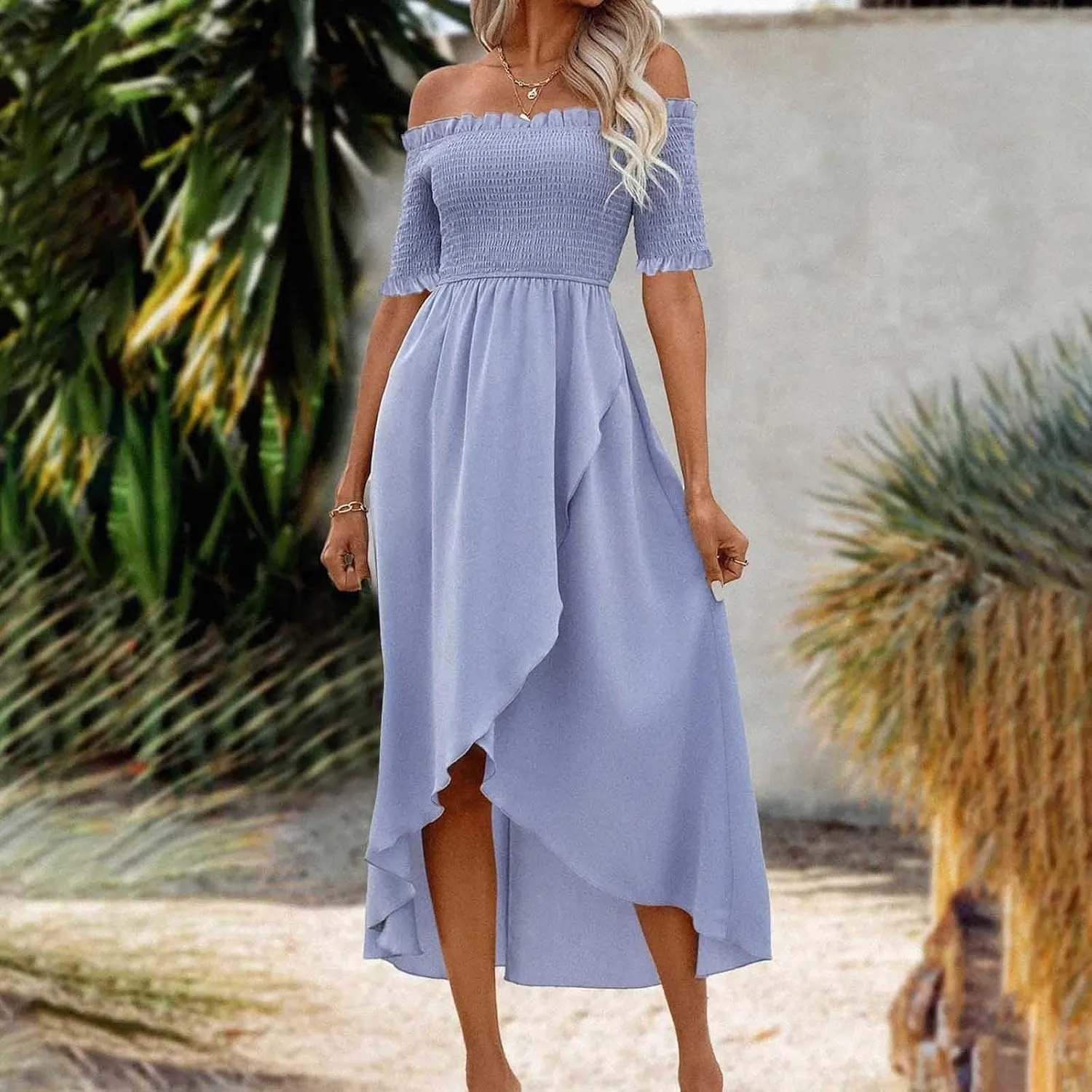 Womens Summer Midi Dresses Short Sleeve Off The Shoulder Flowy Long Dress Casual Loose Flowy Beach Dress