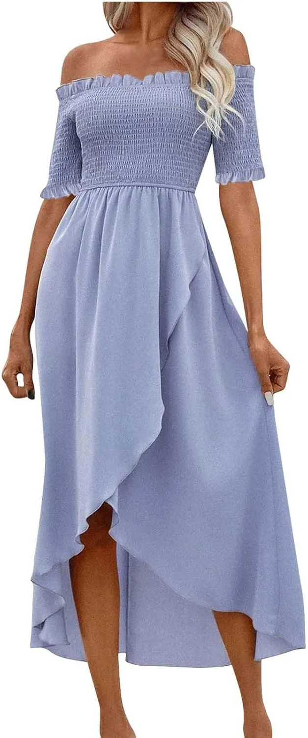Womens Summer Midi Dresses Short Sleeve Off The Shoulder Flowy Long Dress Casual Loose Flowy Beach Dress