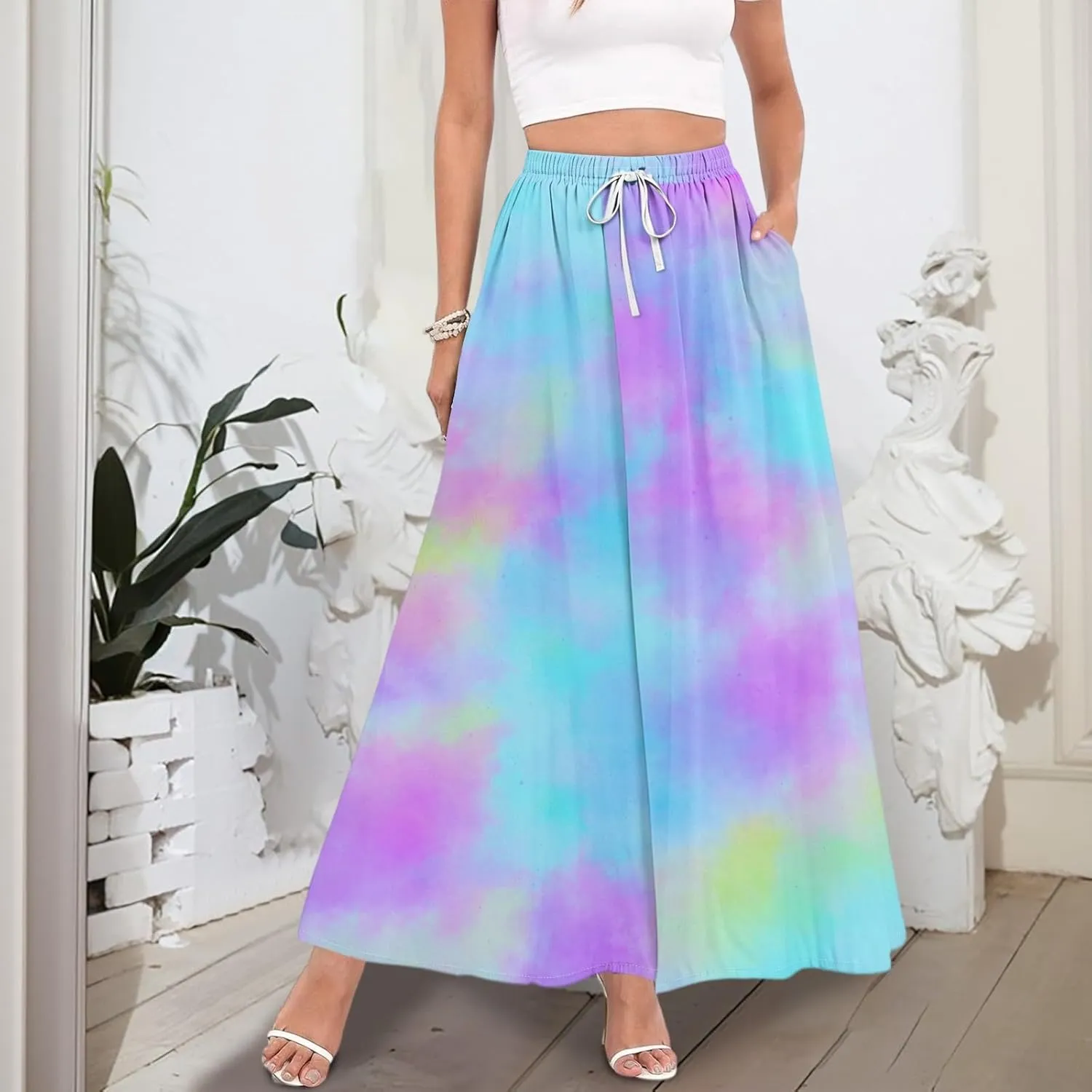 Women's Summer Skirts Maxi Skirts Drawstring Elastic High Waisted Pleated Aline Skirt Boho Long Skirt with Pockets
