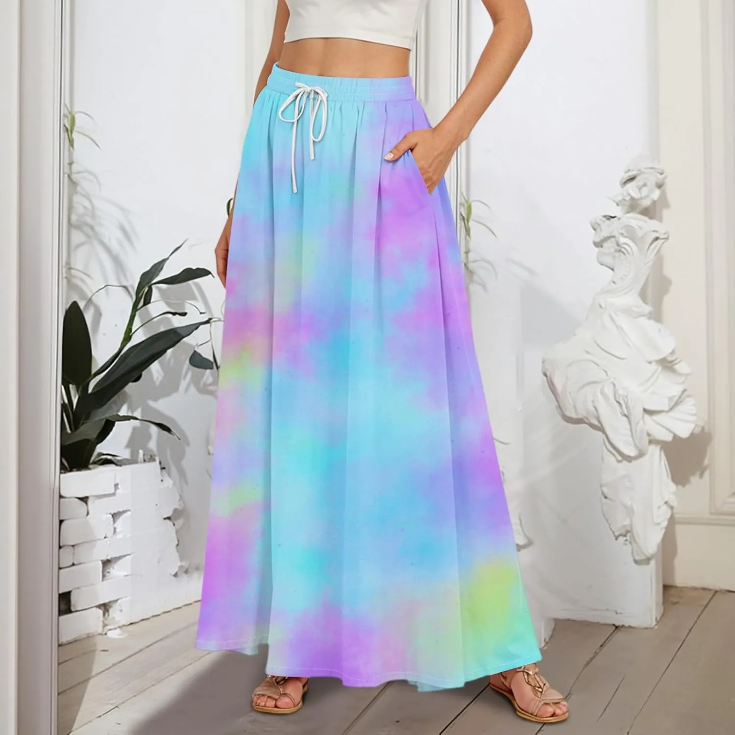 Women's Summer Skirts Maxi Skirts Drawstring Elastic High Waisted Pleated Aline Skirt Boho Long Skirt with Pockets