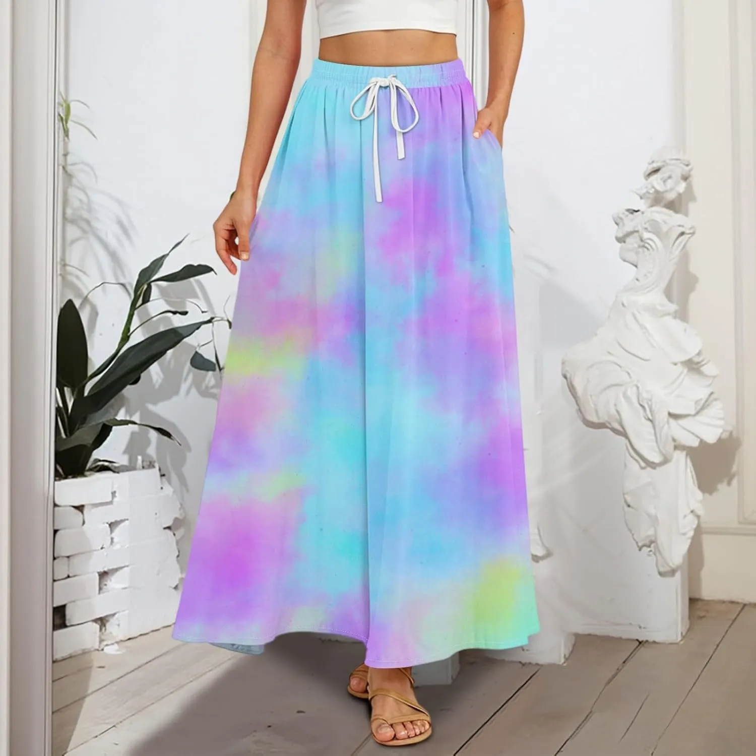 Women's Summer Skirts Maxi Skirts Drawstring Elastic High Waisted Pleated Aline Skirt Boho Long Skirt with Pockets